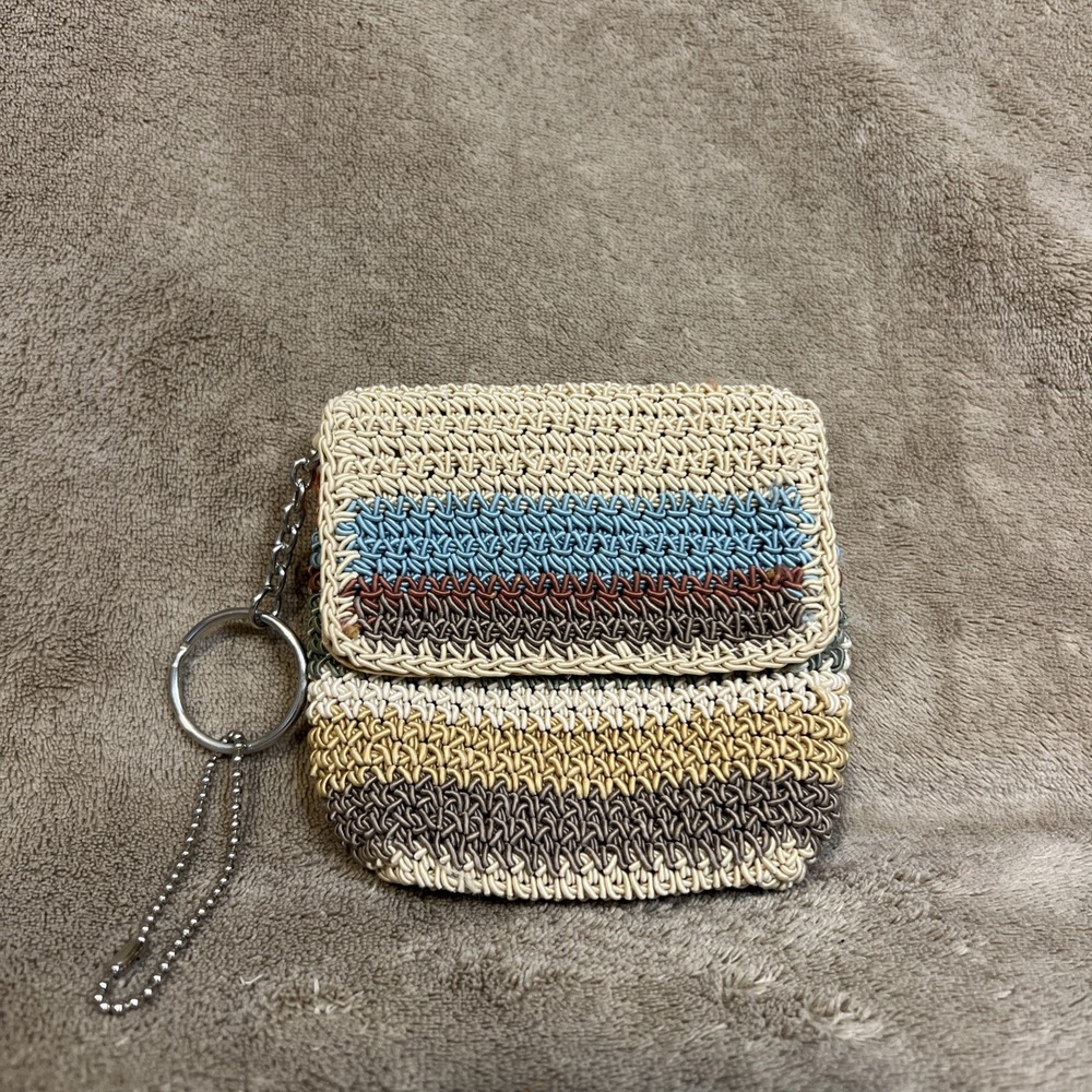 Brown Striped Woven Crochet Coin Purse Pouch Small